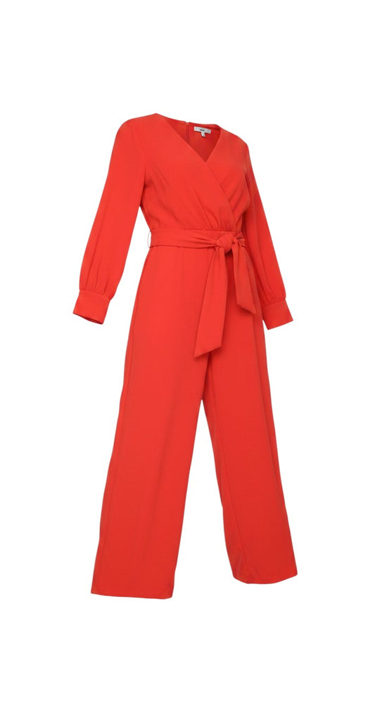 Prewornwholesale red wide-leg jumpsuit with long sleeves, V-neck, and a matching tie belt in a fluid woven fabric.