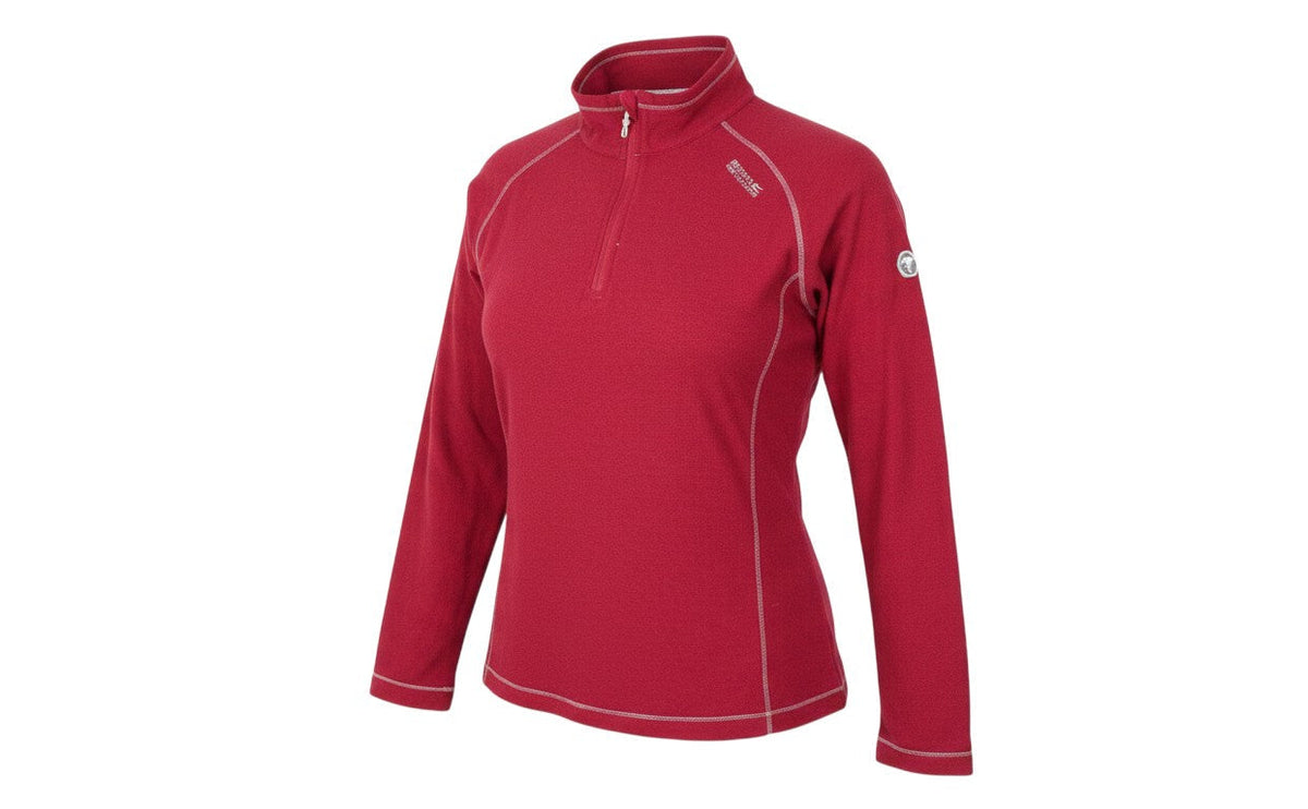 Prewornwholesale red women's 1/4 zip fleece pullover with high neck, long raglan sleeves, and contrast stitching.