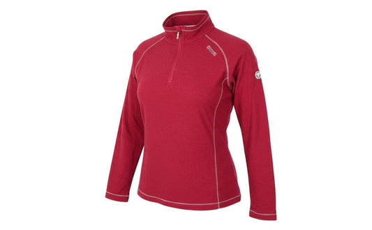 Prewornwholesale red women's 1/4 zip fleece pullover with high neck, long raglan sleeves, and contrast stitching.