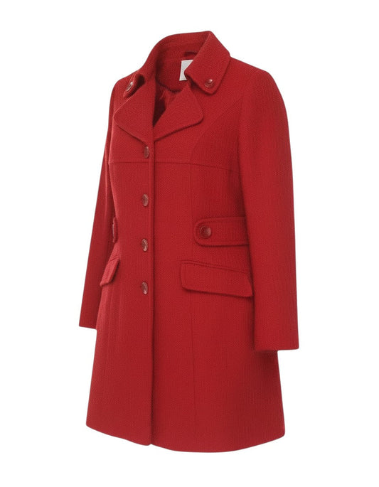 Prewornwholesale red wool blend mid-length coat with single-breasted button closure and front flap pockets.