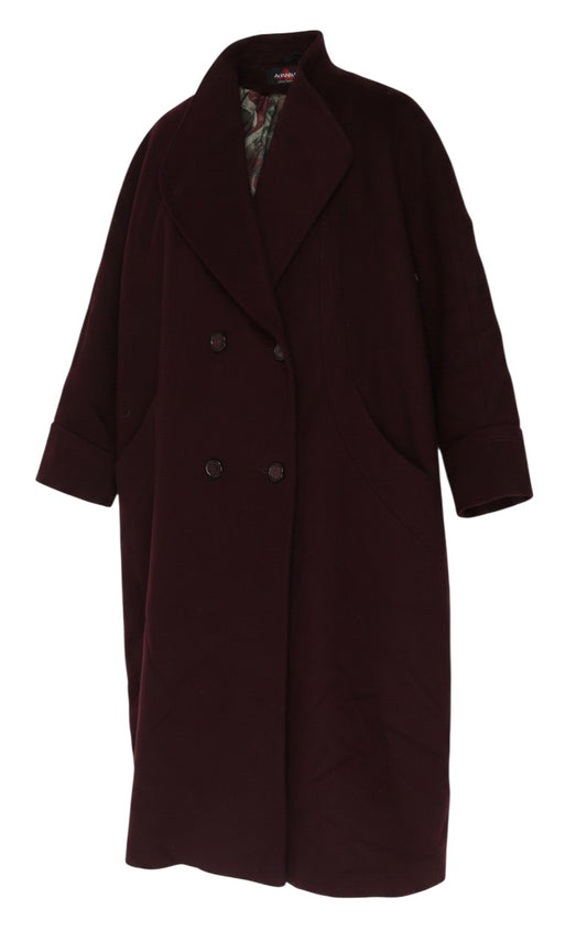 Prewornwholesale vintage Alorna long red wool overcoat with button front, wide collar, and patterned interior lining.