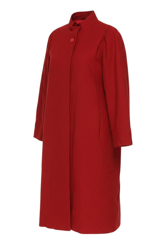 Prewornwholesale red wool long overcoat with stand collar, button closure, and gathered shoulder detail.