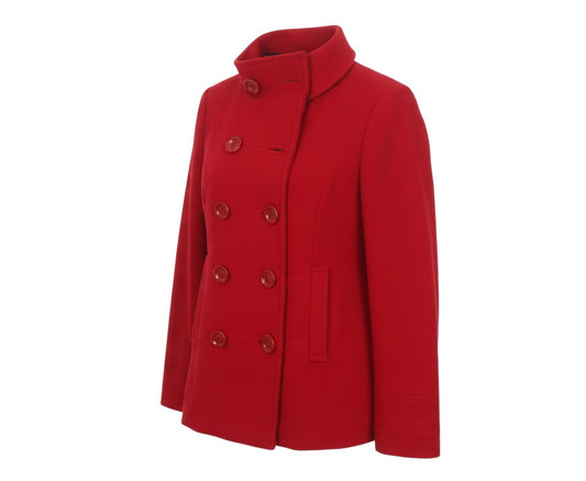 Prewornwholesale red wool-blend pea coat with double-breasted button front, stand collar, and fitted silhouette.