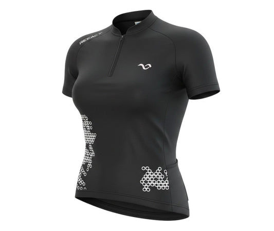 Prewornwholesale Reeact women's black short sleeve cycling jersey with a 1/4 zip and white abstract geometric pattern.