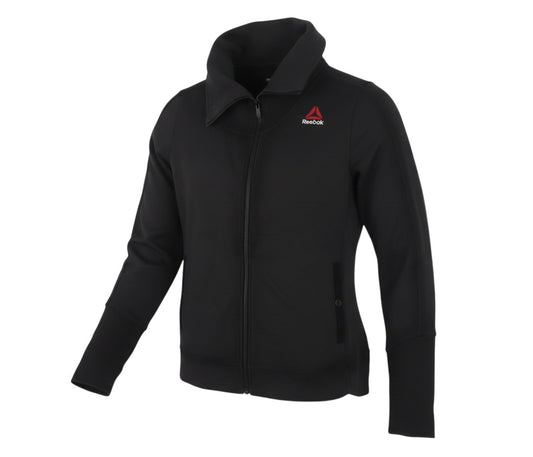 Prewornwholesale Reebok women's black full-zip CrossFit track jacket with high collar and long sleeves