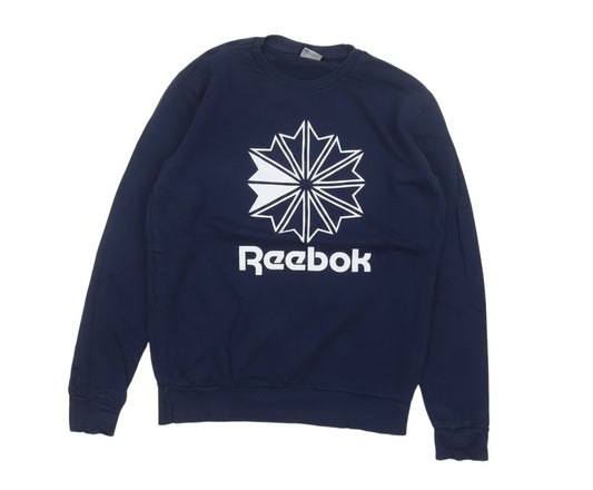 Prewornwholesale men's navy blue Reebok crew neck sweatshirt with white classic vector logo graphic print
