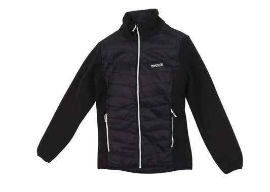 Prewornwholesale Regatta women's black softshell activewear jacket with full zip closure and insulated front panel.