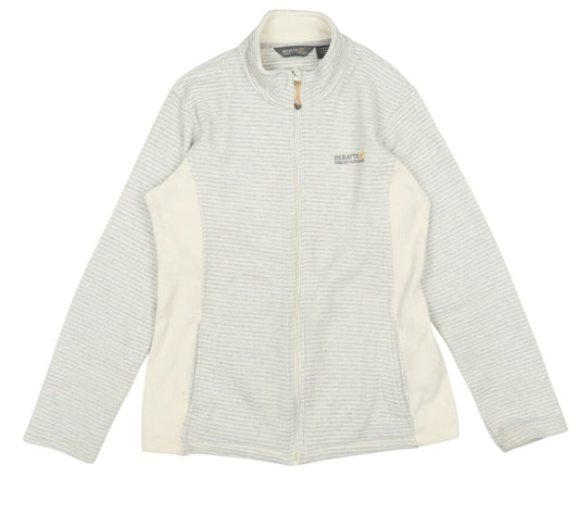 Prewornwholesale Regatta women's grey striped full-zip fleece jacket with a stand collar and side panel detailing.