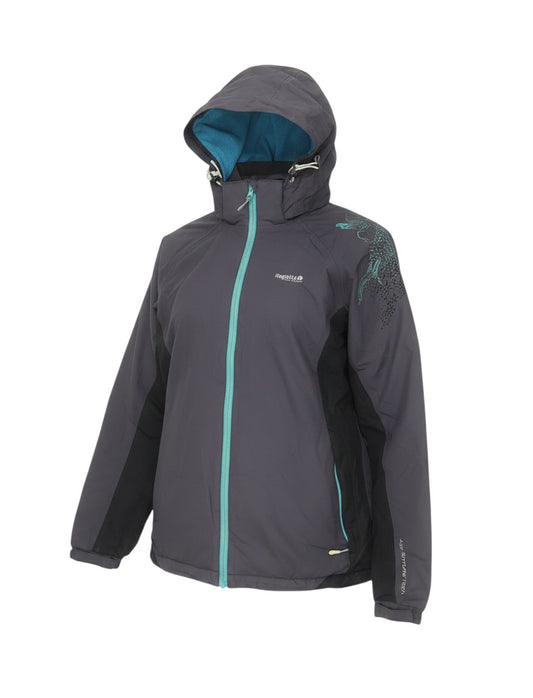 Prewornwholesale Regatta women's charcoal grey waterproof track jacket with a teal zipper, hood, and graphic detail.