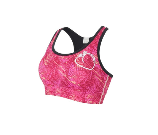 Prewornwholesale Regatta pink geometric print racerback sports bra with black trim and white logo detail.