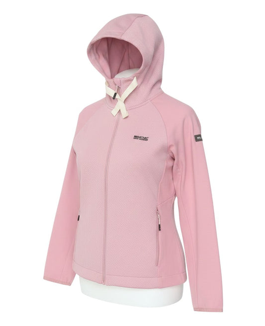 Prewornwholesale Regatta women's pink full zip hooded stretch hoodie with textured front panel and cream drawcords.