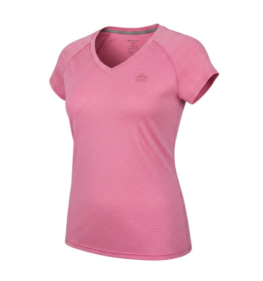 Prewornwholesale REI women's pink V-neck activewear T-shirt with short raglan sleeves in breathable polyester fabric.