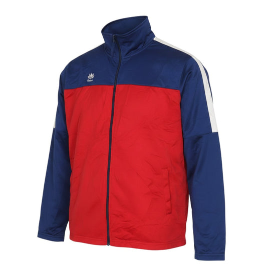 Prewornwholesale Reno women's red and blue polyester track jacket with full zip and white shoulder stripe detail.