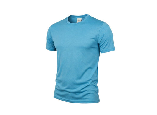 Prewornwholesale Rhino women's blue short sleeve active t-shirt in moisture-wicking polyester with a crew neckline.