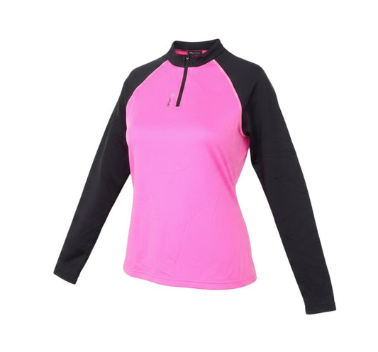 Prewornwholesale RIDGE women's pink and black long sleeve athletic cycling jersey with a quarter zip and high neck.