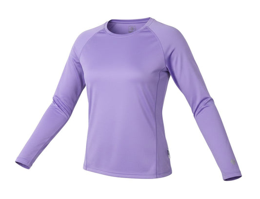 Prewornwholesale Road Art women's purple long sleeve crew neck activewear shirt made of breathable polyamide fabric.