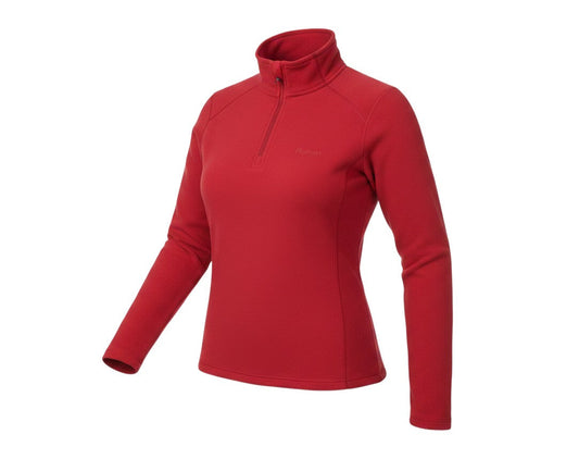 Prewornwholesale red Rohan women's 1/4 zip long sleeve pullover with high neck and moisture-wicking fabric.
