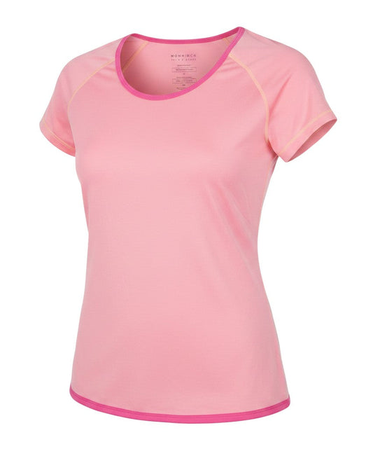 Prewornwholesale Röhnisch women's pink short-sleeve activewear t-shirt with scoop neck and flexible polyester blend