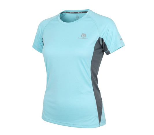 Prewornwholesale Route 66 women's light blue polyester activewear t-shirt with grey side panels and crew neck