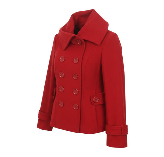 Prewornwholesale Savida red double-breasted pea coat with a large collar, button-tab cuffs, and side pockets.