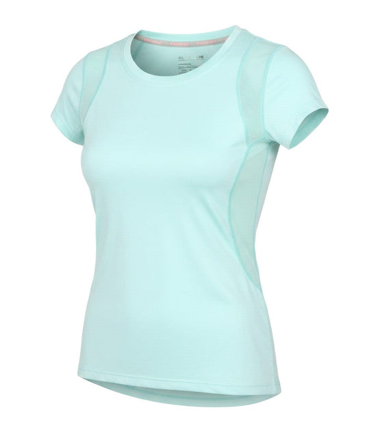 Prewornwholesale Seven Lemon women's light blue athletic running T-shirt with breathable mesh side panels.