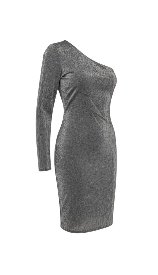 Prewornwholesale silver one-shoulder midi bodycon dress with long sleeve in metallic jersey fabric