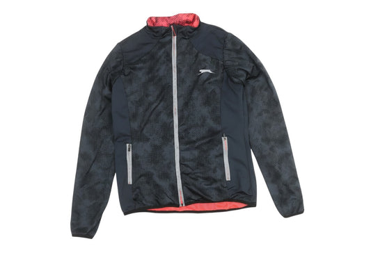 Prewornwholesale Slazenger women's black spotted athletic track jacket with full zip and pockets.
