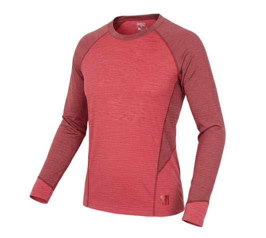 Prewornwholesale Sprayway women's red long sleeve active t-shirt in a wool-polyester blend with raglan sleeves.