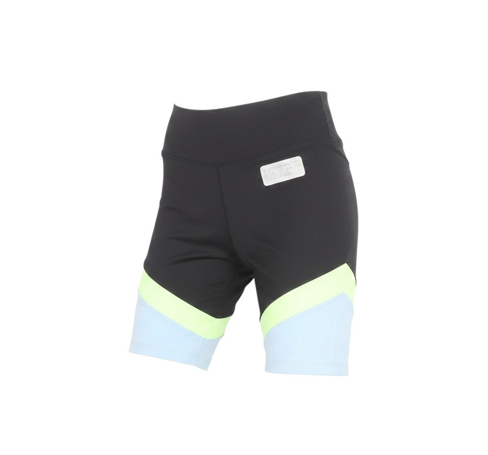 Prewornwholesale St. Bernard black biker shorts with lime and light blue colourblock panels and elastic waistband.