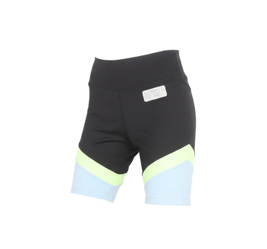 Prewornwholesale St. Bernard black biker shorts with lime and light blue colourblock panels and elastic waistband.