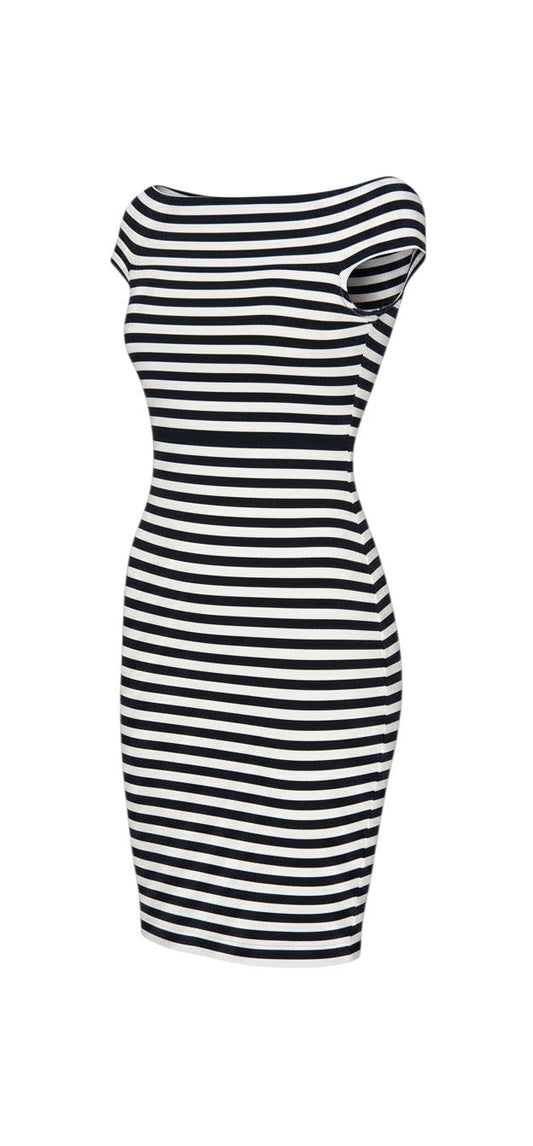 Prewornwholesale French Connection navy and white striped off-the-shoulder bodycon dress in a soft cotton jersey blend