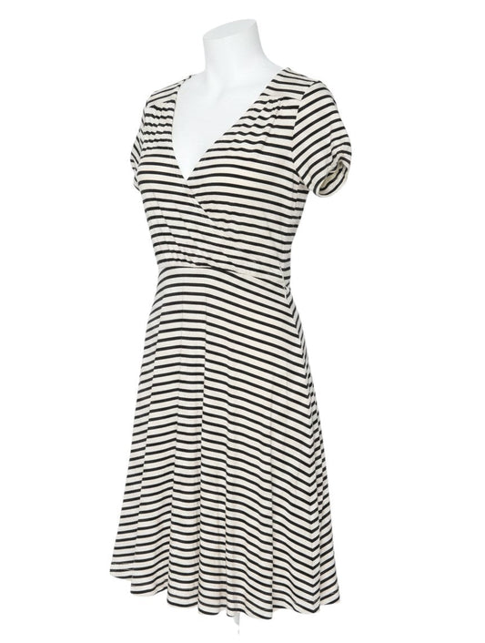Prewornwholesale Great Plains black and white striped cotton jersey A-line dress with a V-neck and short sleeves.