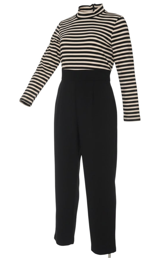 Prewornwholesale women's long sleeve jumpsuit featuring a black and beige striped top and solid black straight-leg pants