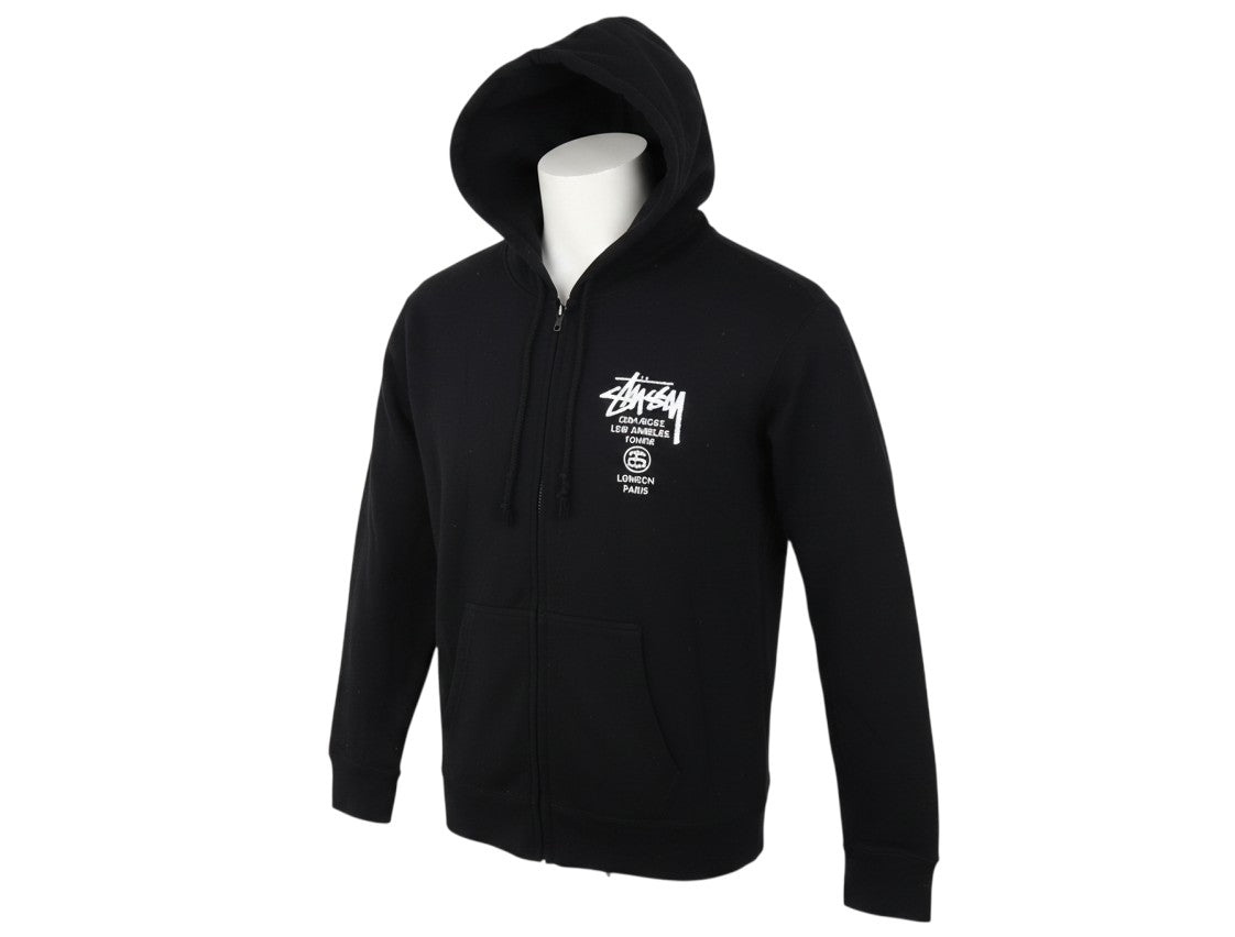 Prewornwholesale black Stussy full zip cotton hoodie with white chest logo and city graphics on a mannequin