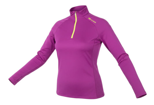 Prewornwholesale Sugoi women's purple long sleeve athletic pullover with a quarter-zip and neon yellow zipper detail.