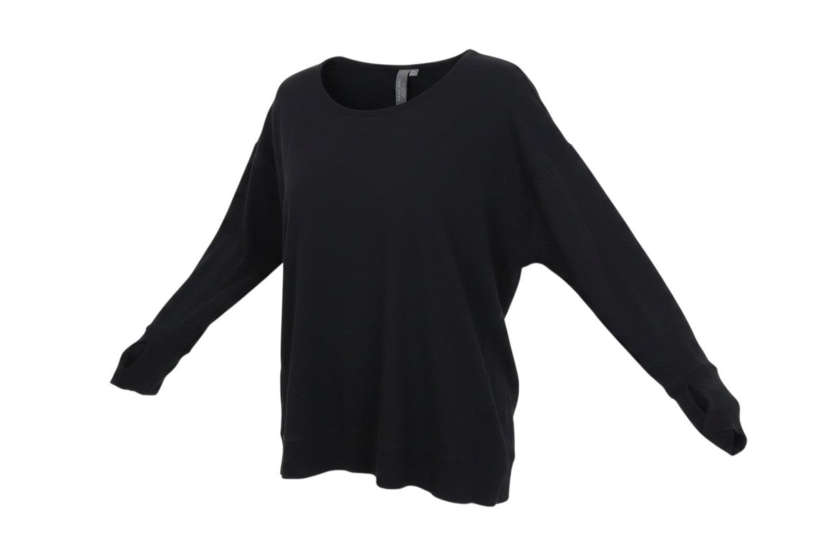 Prewornwholesale Sweaty Betty black cotton modal pullover sweatshirt with crew neck and thumbhole cuffs
