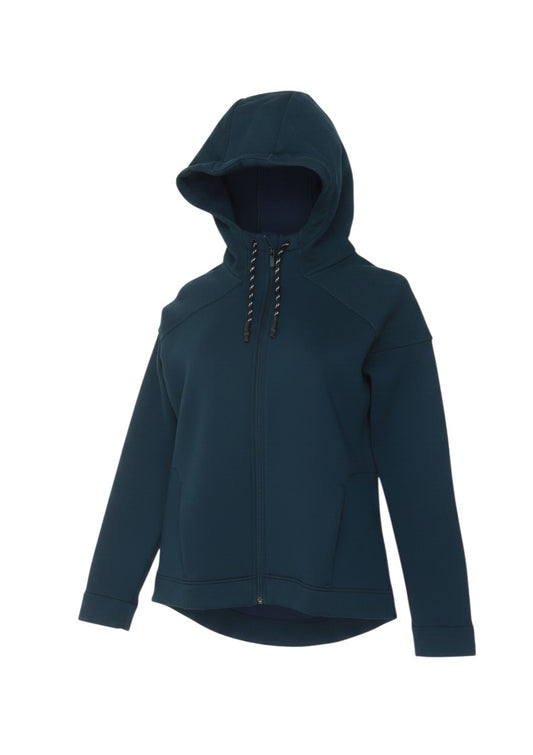 Prewornwholesale Sweaty Betty deep blue full zip activewear hoodie with a high-neck hood and raglan sleeves.