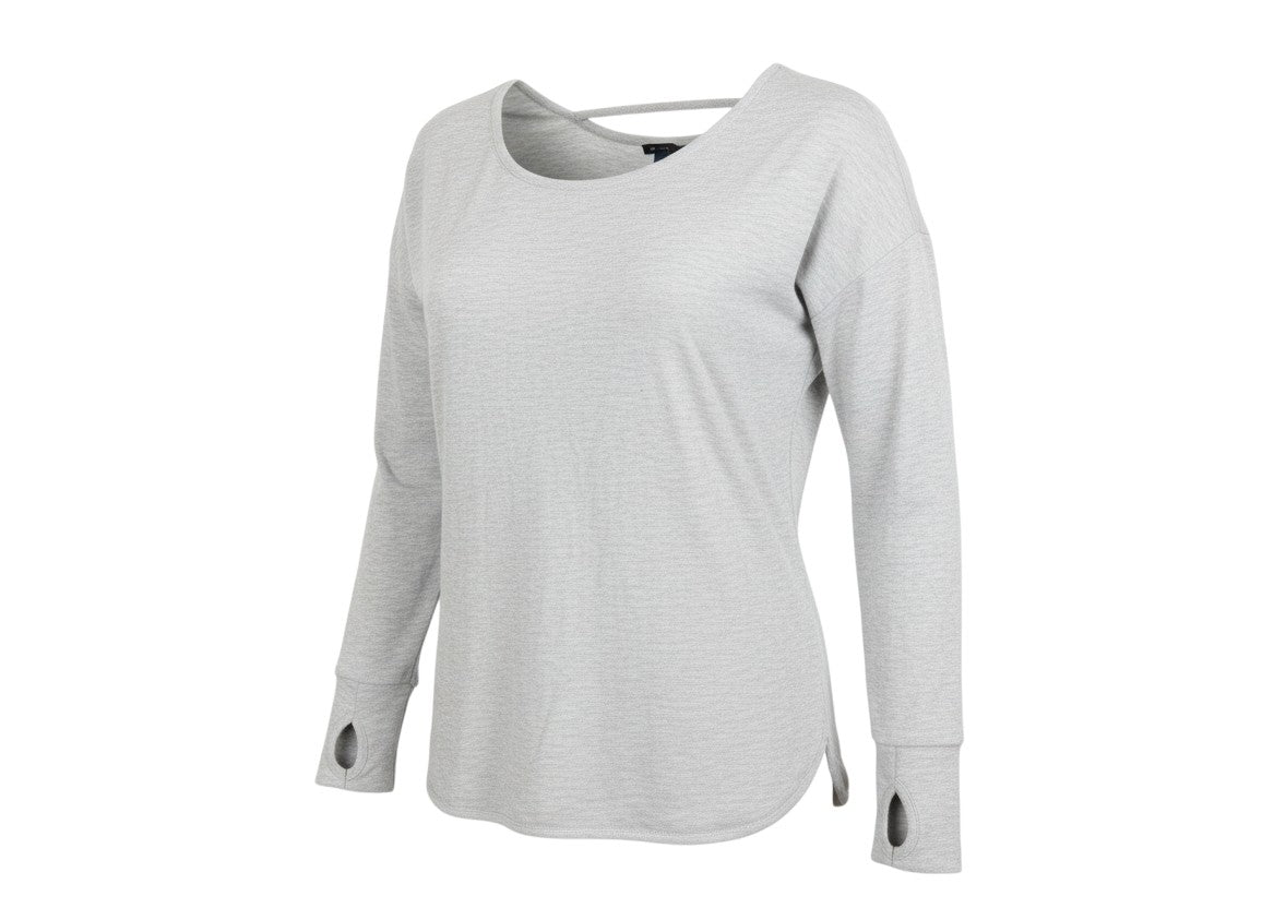 Prewornwholesale Sweaty Betty grey lightweight pullover sweatshirt with long sleeves, thumbholes, and a scoop neck.