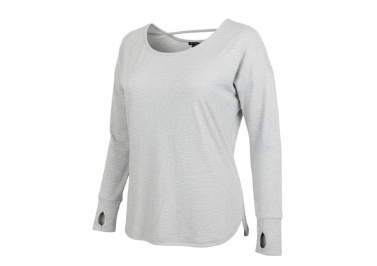 Prewornwholesale Sweaty Betty grey lightweight pullover sweatshirt with long sleeves, thumbholes, and a scoop neck.