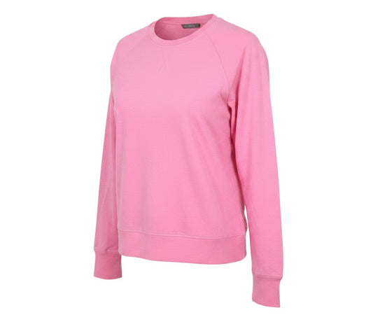 Prewornwholesale Sweaty Betty pink long sleeve crew neck pullover sweatshirt in a soft cotton modal blend