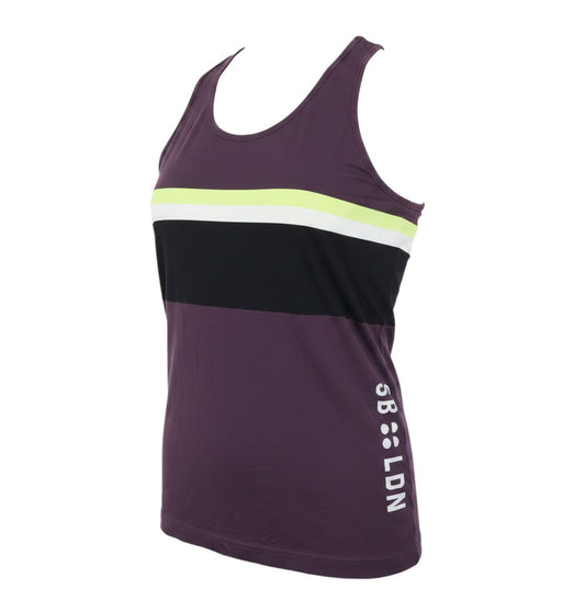 Prewornwholesale Sweaty Betty purple racerback gym tank top with black, white, and neon green colourblock stripes