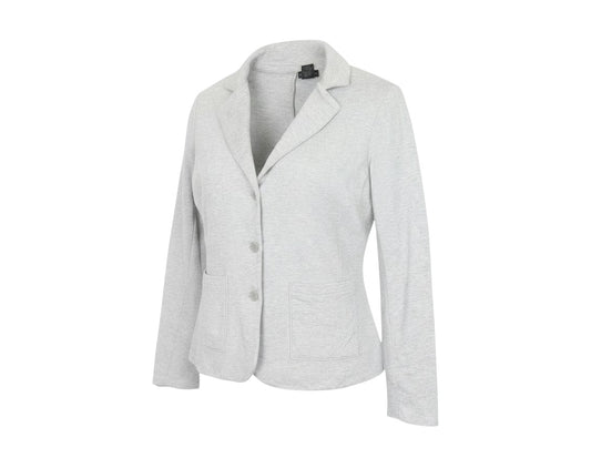Prewornwholesale Tahari light grey knit blazer with notch lapel, three-button front, and two patch pockets.