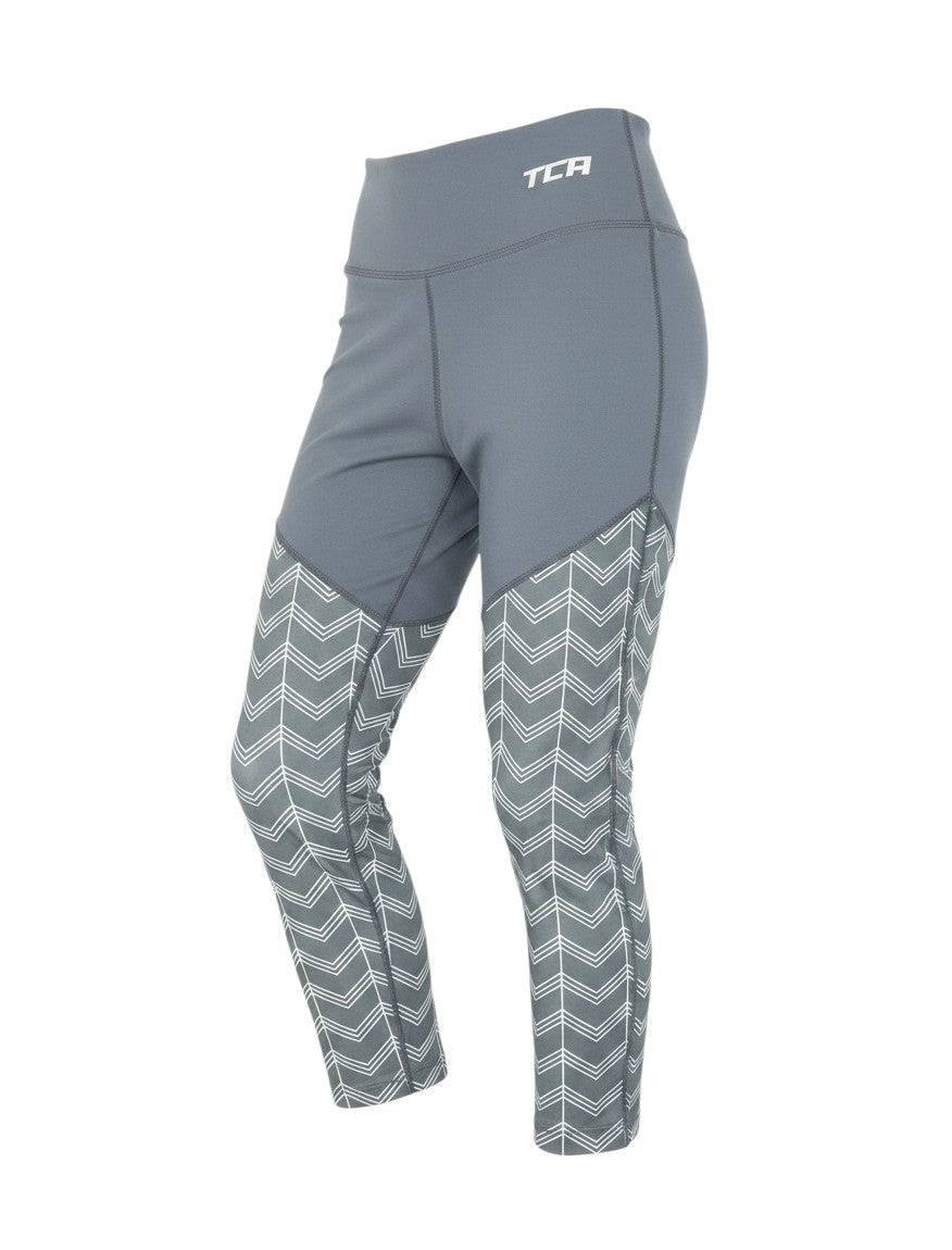 Prewornwholesale TCA grey athletic leggings with a white chevron pattern on the lower legs and high-waisted fit.