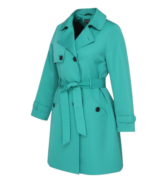 Prewornwholesale M&S teal green long belted trench coat with wide lapels, button-front, and adjustable cuff tabs.