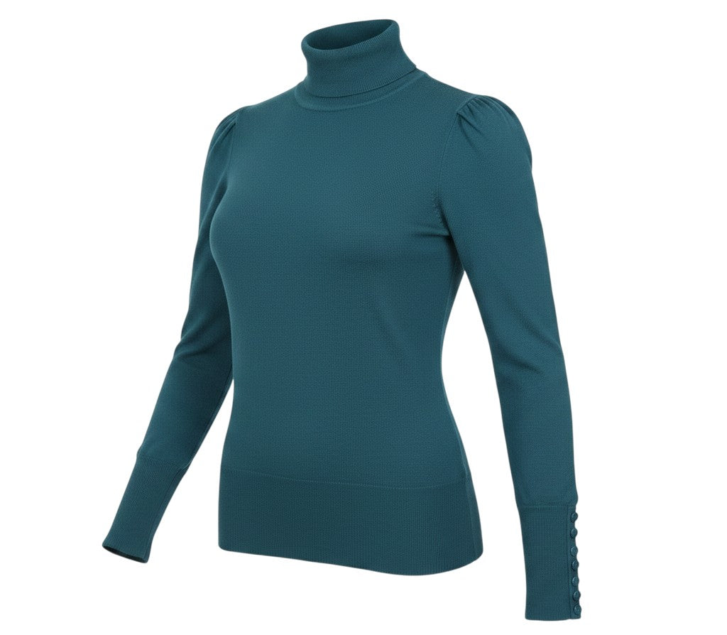 Prewornwholesale teal blue roll neck jumper with puff sleeves and button-detailed ribbed cuffs in a soft knit finish.