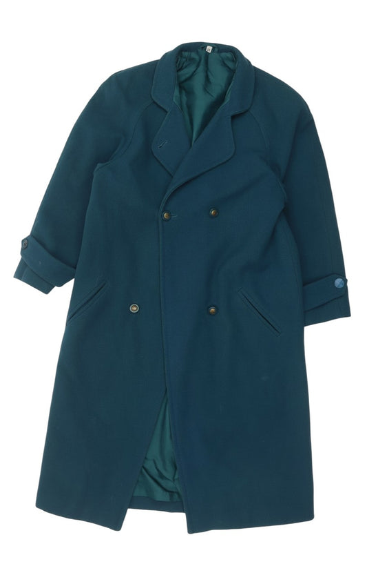 Prewornwholesale teal blue pure new wool double-breasted long overcoat with buttoned cuff tabs and tailored collar.