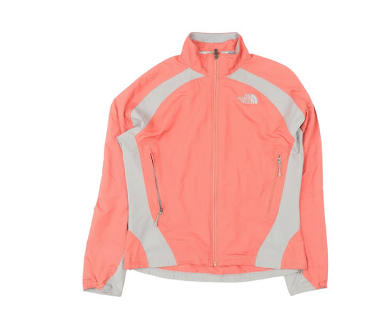Prewornwholesale The North Face women's coral pink and grey lightweight windbreaker jacket with full-zip front.