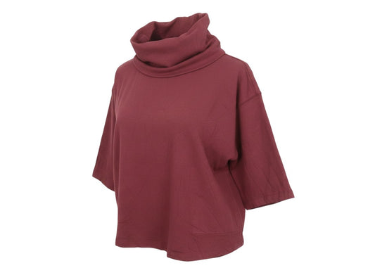Prewornwholesale Thought wine-red oversized sweatshirt with a draped cowl neckline and short sleeves.