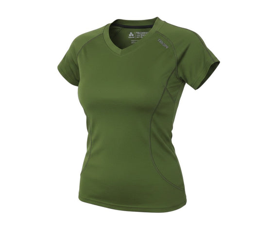Prewornwholesale TOG24 women's green athletic V-neck t-shirt with moisture-wicking fabric and raglan sleeves.