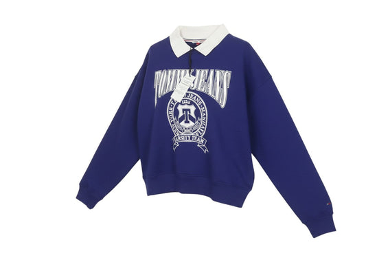 Prewornwholesale Tommy Jeans blue pullover sweatshirt with white collar and varsity logo print on chest
